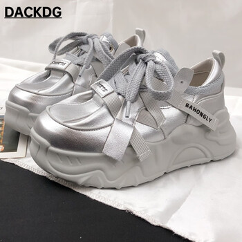 dackdg轻奢潮牌超火银色松糕底老爹鞋女厚底小个子增高休闲轻便运动鞋