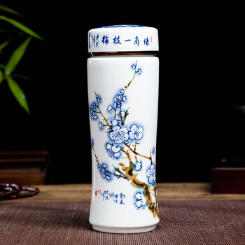 陶瓷水杯陶瓷内胆保温杯带盖瓷茶杯防漏养生杯青花瓷 报春【图片 价格