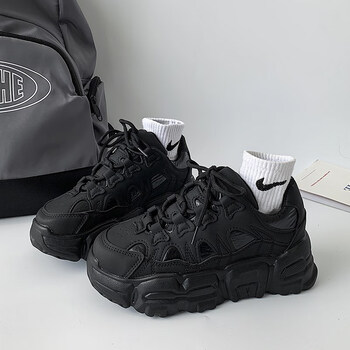 黑色老爹鞋女秋冬季全黑运动鞋黑武士厚底感纯黑加绒小黑鞋 加绒款