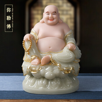 家用工艺品玉石摆件客厅店铺公司石雕招财笑佛像16寸高度40厘米弥勒