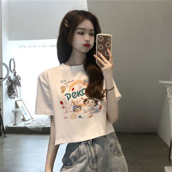 凡摩乔辣妹衣服短款t恤女夏宽松短袖白色上衣漏肚脐短装高腰性感露脐