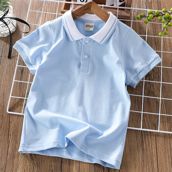 小学生三年级夏天穿的短袖夏装儿童浅蓝色翻领t恤女大童校服定制 浅