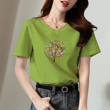 t恤女v字领夏天短袖t恤宽松打底衫上衣年夏短款色半袖 愿望小树绿 l