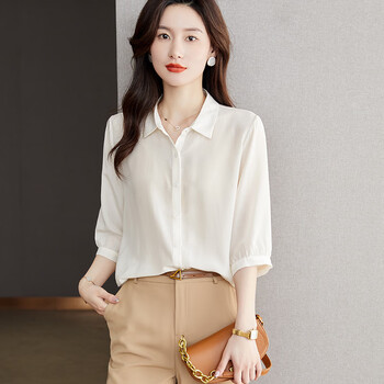 女装桑蚕丝真丝衬衫女秋季上衣休闲显瘦衬衣气质时尚减龄小衫米色m