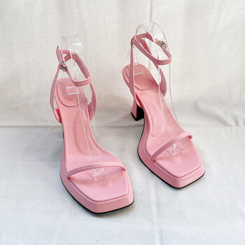 2022春夏粗跟一字带高跟鞋设计感小众粉色性感防水台方头凉鞋女粉色35