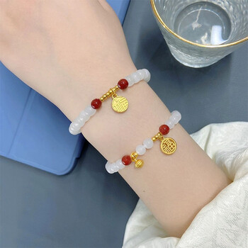 欧颜  黄金福牌手链女999足金转运珠和田玉南红手串铃铛吊坠首饰品