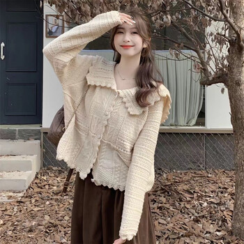 罗蒙春秋新款法式温柔娃娃领毛衣外套小众韩系chic别致上衣针织开衫女