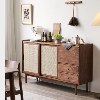 友得家黑胡桃木色藤编餐边柜客厅小户型茶水柜实木厨房靠墙储物柜松木