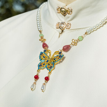 红遇璎珞项链明制长款复古旗袍珍珠吊坠明宋唐制汉服女古风景泰蓝饰品