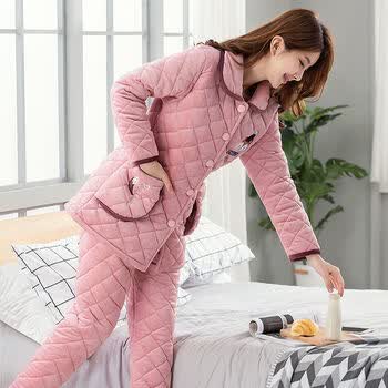 女士睡衣睡衣女冬季珊瑚绒三层夹棉袄加厚加绒冬天可爱保暖女士家居服