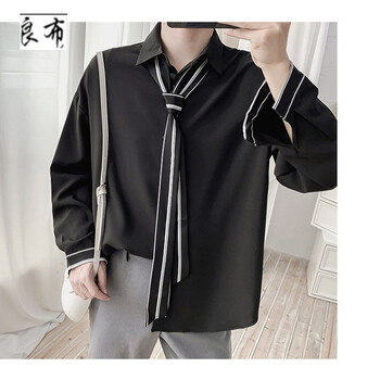 韩版青少年个性港风长袖衬衫带领带男女学生学院风薄款外套男黑色l