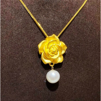 老凤凰999足金玫瑰花黄金项链女珍珠碧玉项链吊坠送妈妈女友礼物足金