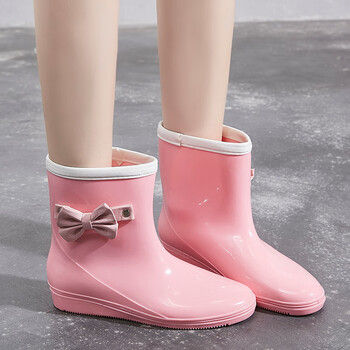 蝴蝶结水鞋雨靴中筒成人防水鞋防滑时尚款外穿加绒ub301粉色37女款