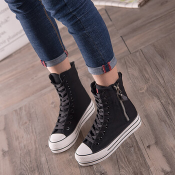 帆布鞋女长筒布靴子女侧拉链高帮厚底增高韩版潮高筒女靴 透气系带