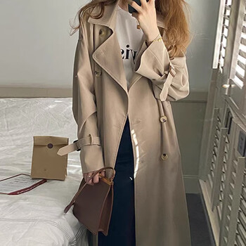 拉夏贝尔风衣女2023年春秋季新款卡其色中长款韩版显瘦小个子休闲大衣
