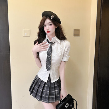 大漠汉子青少女时尚女装少女装jk制服套装夏季辣妹收腰短袖衬衫格子