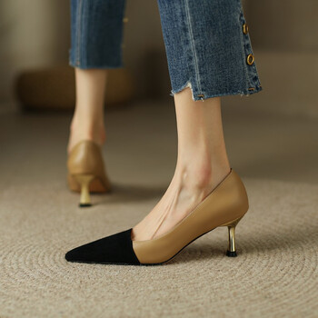 跟鞋女尖头浅口细跟单鞋欧美风新款羊皮拼接小香风简约气质四季女鞋