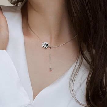 playtrue999足银满钻山茶花项链女流苏吊坠设计感轻奢锁骨链颈链生日