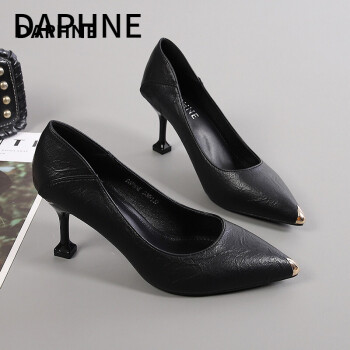 达芙妮daphne2022春季新款中跟女鞋黑色小皮鞋职业高跟鞋细跟单鞋女