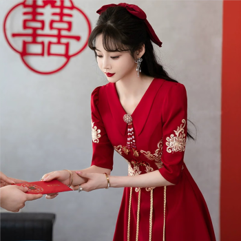 yinfan中式敬酒服新娘结婚回门晚礼服女平时可穿显瘦酒红色xs建议7585