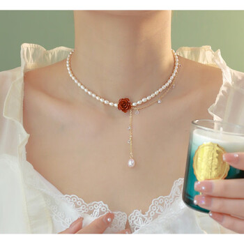 似卿 珍珠项链女轻奢小众锁骨链网红高级设计感夏季冷淡风朱砂花朵