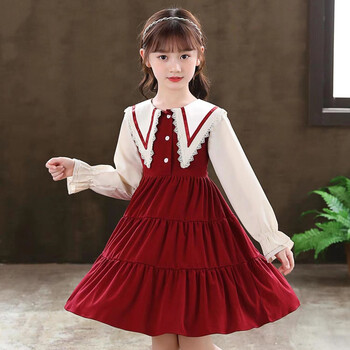连衣裙秋装新款5-16岁小女孩网红长袖公主裙子洋气中大童装春 红色