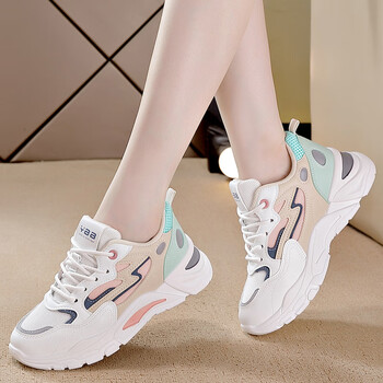 大东女鞋真皮老爹鞋女软底2023春季新款透气厚底百搭女运动休闲鞋白兰