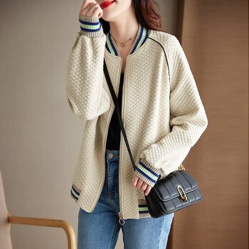 的秋装外套女秋冬新款棒球服休闲短款夹克外套女新款女式卫衣米色2xl