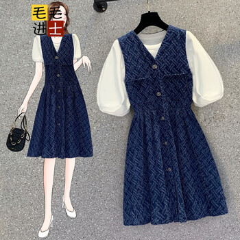 牛仔背带裙套装女夏欧货收腰显瘦泡泡袖a字连衣裙两件套dx5038深蓝色l