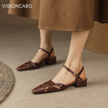 威森卡伯（visioncabo）复古风一字扣带包头凉鞋女粗跟中跟罗马鞋女 棕色 34