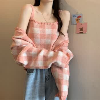 女装2023秋季新款套装奶糯风吊带背心奶系时尚穿搭两上衣女 粉色套装