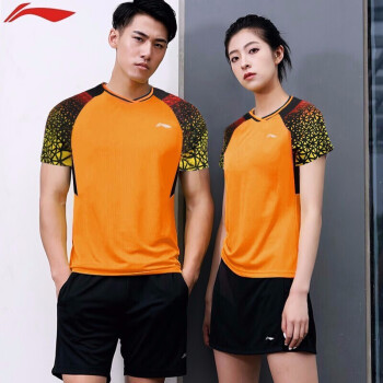 李宁羽毛球服新款专业比赛运动套装速干男女款短袖透气比赛吸汗运动服 套装-AATQ023-橙-男 S