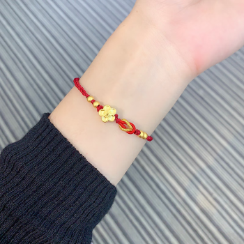 周大福999硬金520情人节小桃花手链转运珠本命年红绳手串情人节送女友