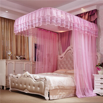 雅芳婷导轨蚊帐家用18m20米床夏季u型轨道铝合金支架宫廷公主风粉色15