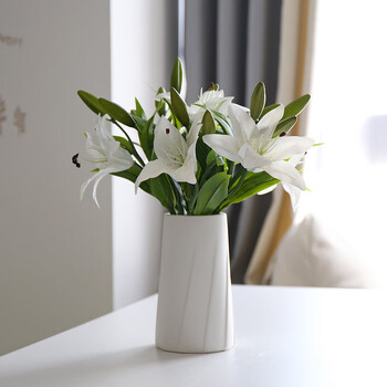 带花瓶创意客厅插花白瓷花器餐桌陶瓷花瓶摆件朝露6枝白色百合花套装