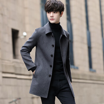 男士大衣冬款秋冬款中长款男士商务翻领毛呢风衣外套中青年双面呢仿