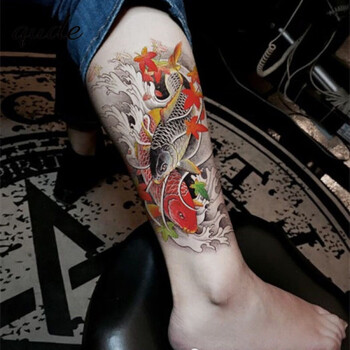 趣得纹身贴花臂彩色红黑双鲤鱼大花臂纹身贴男女浪花手臂小腿仿真刺青