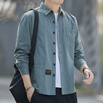 男士圆领衬衫八分袖薄款男夏款青年上班6007长袖灰绿色m