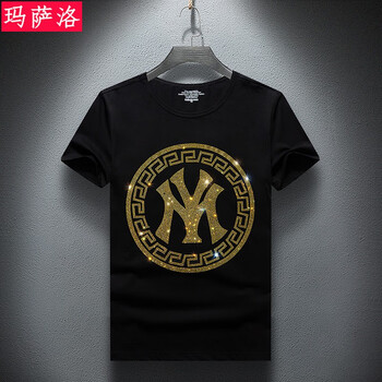 玛萨洛夏季男士烫钻t恤短袖男精神小伙胖子大码半袖体恤潮镶钻衣服t
