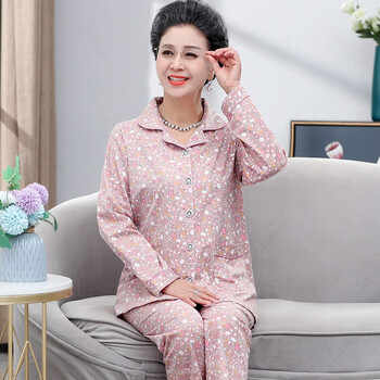 新玛丽拉中年妈妈睡衣秋天长袖中老年妇女春秋纯棉睡衣套装加大码老人