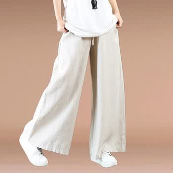 夏天薄款大脚裤女麻料阔腿宽腿裤宽松韩版抽绳休闲长裤亚麻质垂感大脚