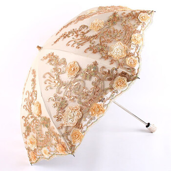 绣花太阳伞晒洋伞刺绣蕾丝黑胶遮阳伞女晴雨伞海棠黄二折