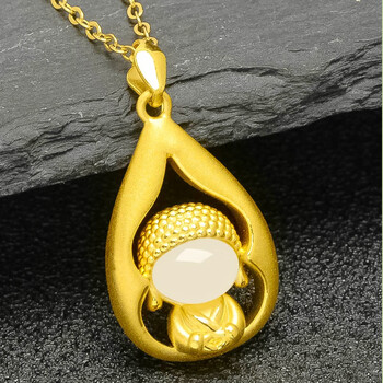 黄金佛吊坠女金镶玉小萌佛999足金硬金和田玉开心佛