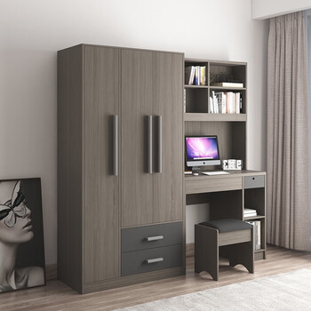 木月木月现代连体书桌柜北欧卧室衣柜电脑桌组合柜 三门衣柜 电脑桌