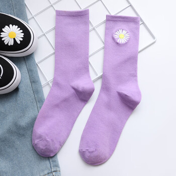 2020春秋季新款纯色小雏菊袜子 百搭透气袜子女 中筒女袜 淡紫色 均码