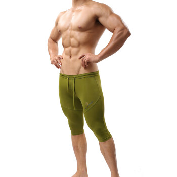无畏船长 男士夏季弹力运动健身塑身美体中裤五分裤 男士五分单车裤 军绿 S (腰围2-2.2尺)