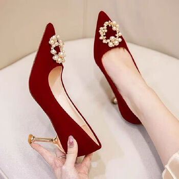 年新款细跟绒面高跟鞋女结婚两穿中式新娘鞋酒红色珍珠扣细跟9cm34