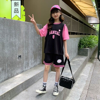 wonst女童篮球服夏季套装假两件短袖速干中大童女生运动服比赛训练服