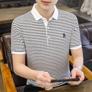 翻领衫男士短袖商务休闲半截袖男装条纹帅气正装体恤 白色 gw2207 m