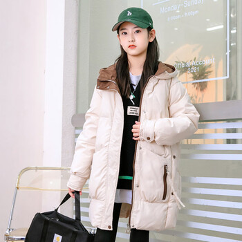 勤驰棉衣外套女冬天小个子中学生初中生棉服女岁中学生加厚中长款杏色